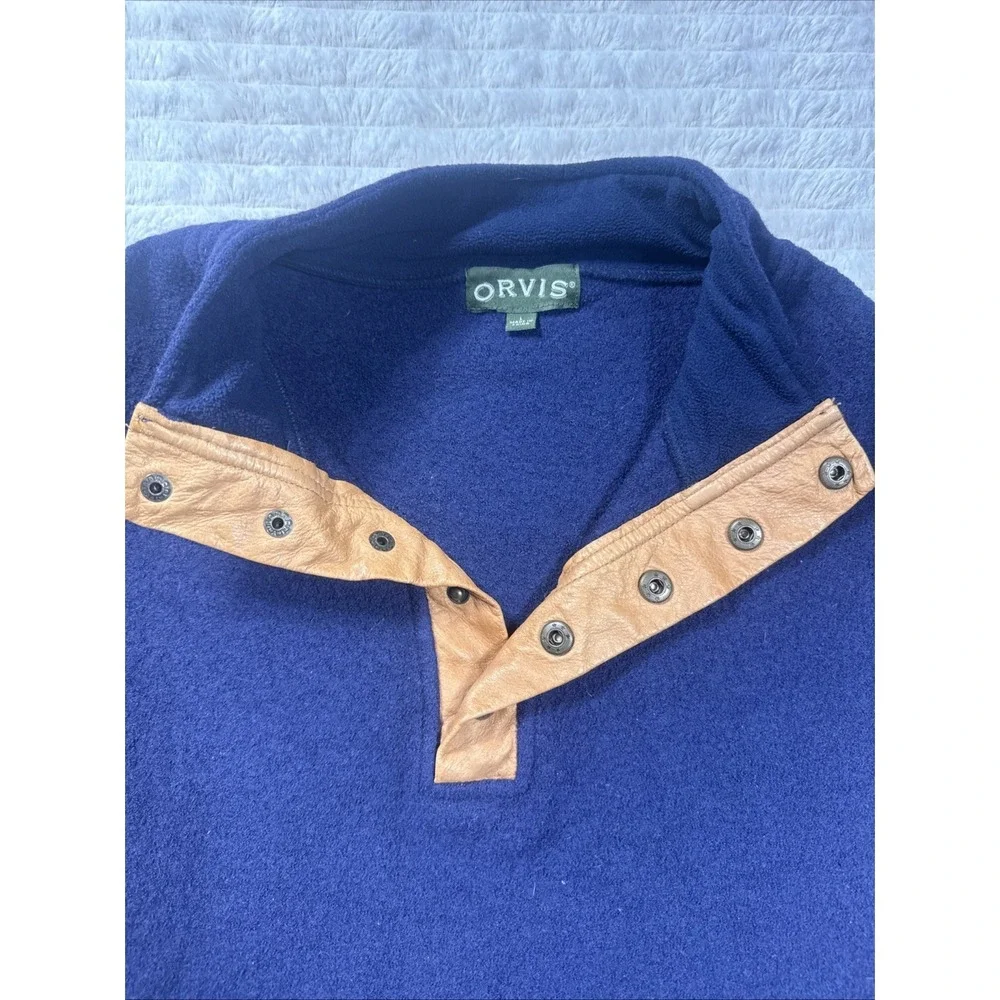 Orvis Vintage 100% Wool T Snap Sweater L‎ Leather Elbow Patch Pullover Blue